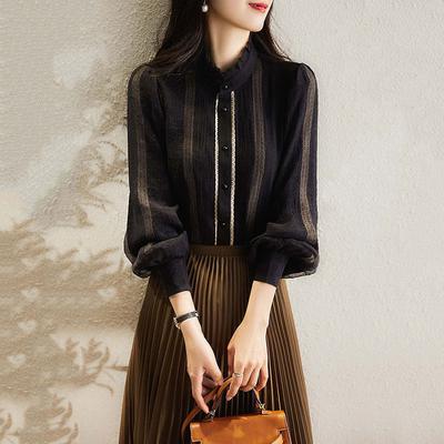 Black Fungus Lace-edged Stand Collar Double-layer Design Single-breasted Long-sleeved Shirt for Women Early Autumn New Top