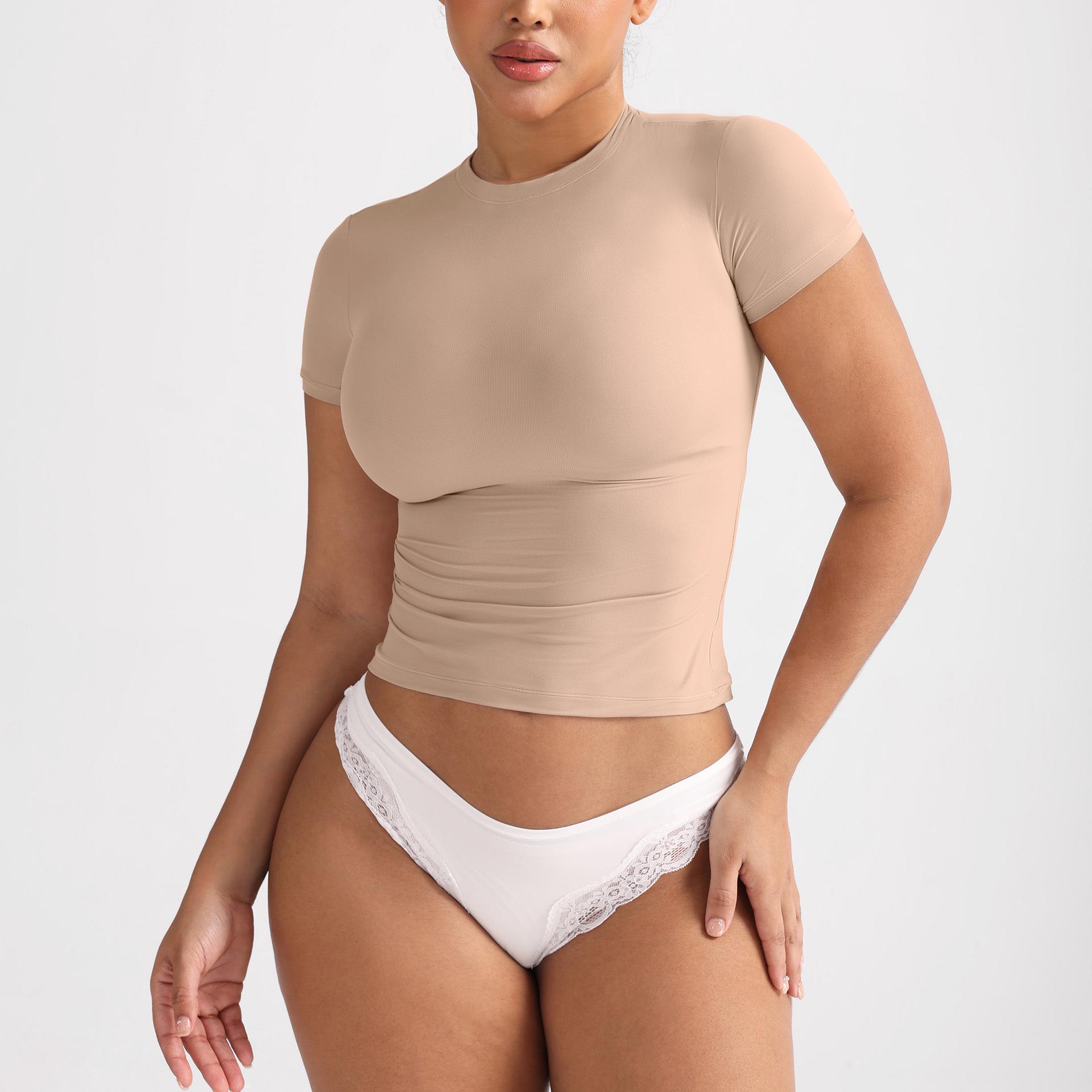 

Women s Sexy High Elastic Bodysuit: Summer Round Neck, Short Sleeve T-shirt Small тілесний