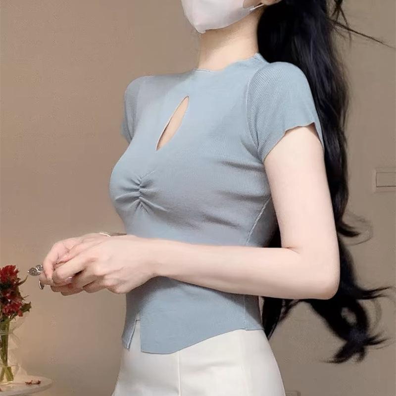 Crewneck Hollow Knit Summer Women's Ice Silk Knitted Slim-fit T-shirt Sexy Thin Short Top Women Trend