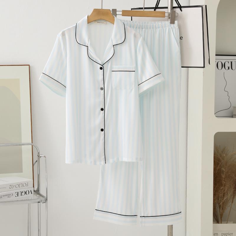 

Женский охлаждающий полосатый пижамный комплект - Короткий рукав, Длинные брюки, Летний ледяной шелк, Сладкая домашняя одежда Medium