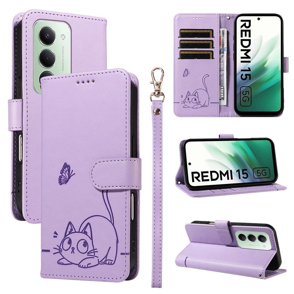 For Xiaomi Redmi 15 4G (EU) (171mm) Case Cat Pattern Imprint Leather Phone Cover with Wrist Strap