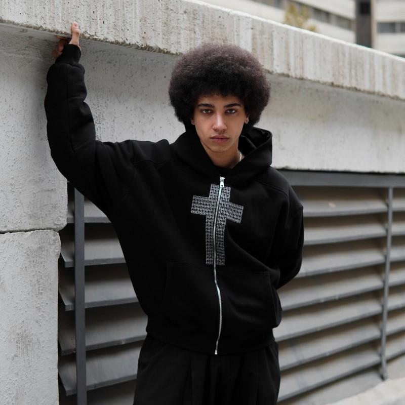 Unisex Streetwear Hoodie With Cross Letter Print Loose Fit Long Sleeve Pullover Teens Young Adults