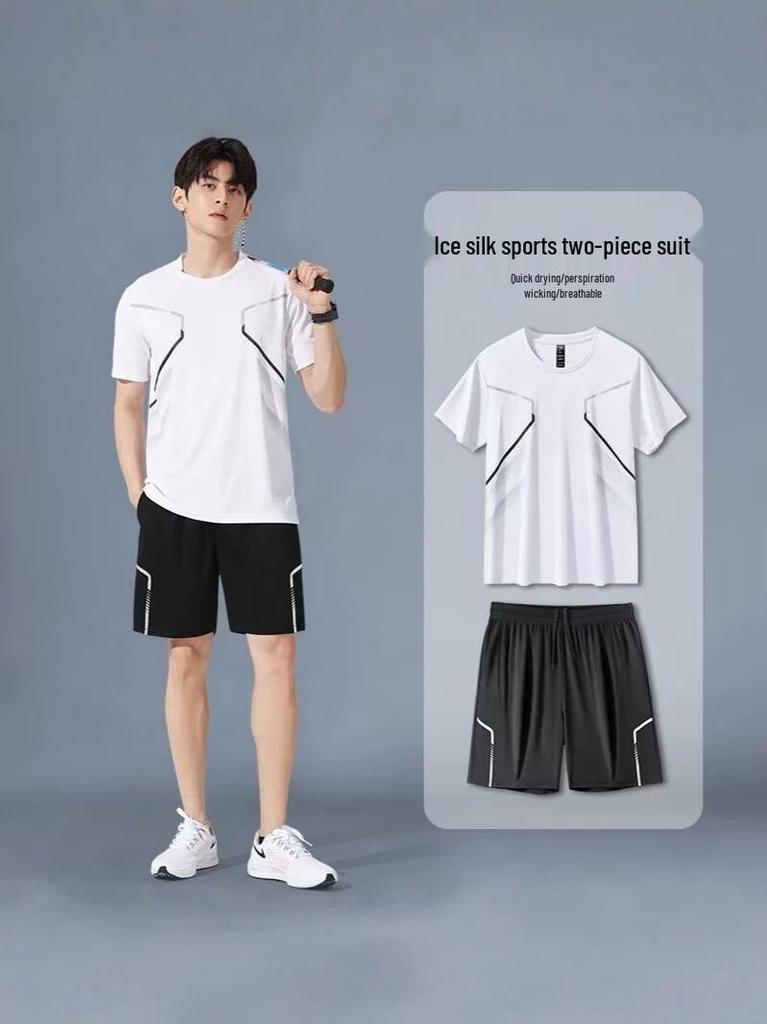 Men's Quick-Dry Ice Silk Sportswear Set: Short-Sleeved Running Top & Basketball Shorts.