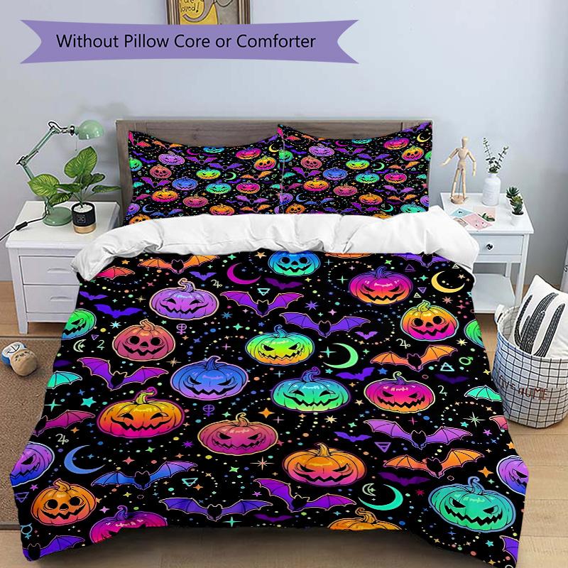 

3pcs Colorful Halloween Pumpkins with Bats Bedding Set, Including 1 Quilt Cover and 2 Pillow Shams, Without Filling, Soft and Comfortable Ho 135cm*200cm