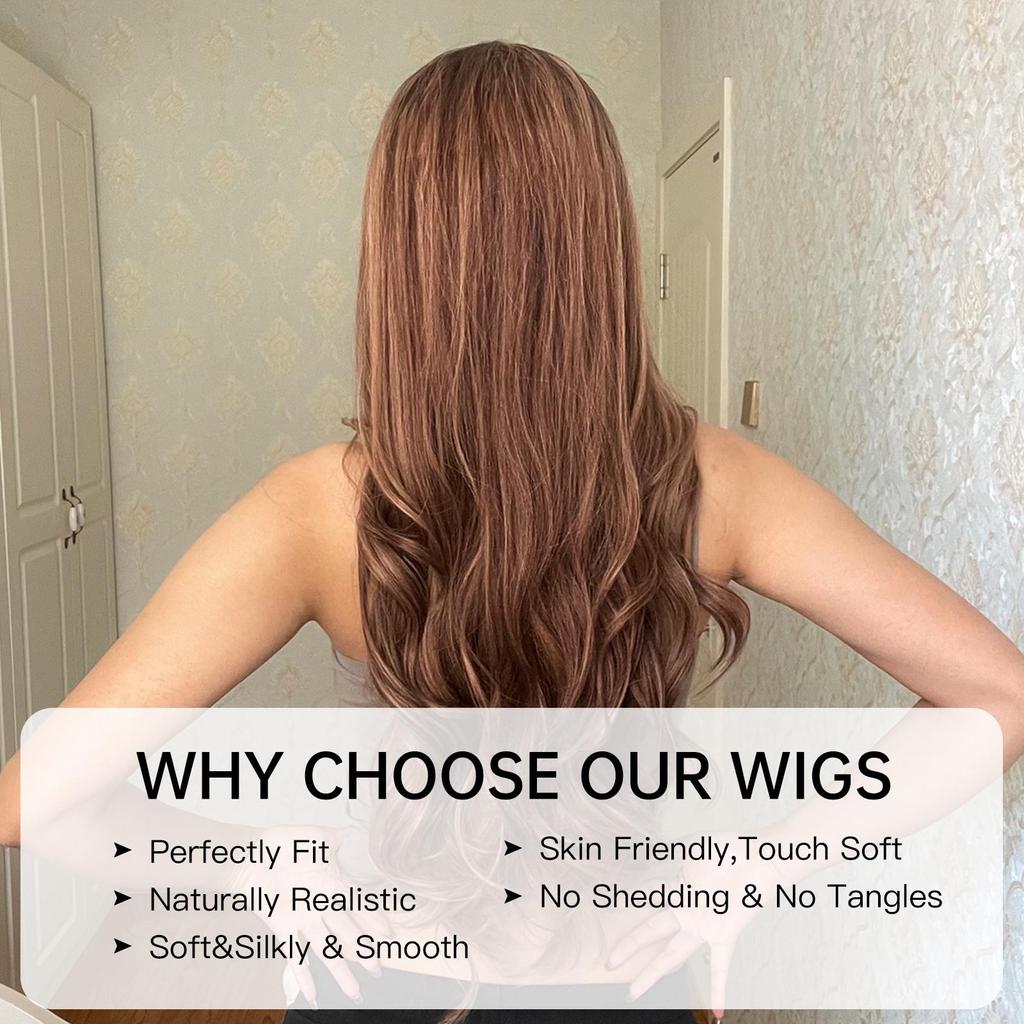 EASIHAIR Dlouhé medově hnědé ombre melírované syntetické paruky pro ženy, smíšené hnědé vlnité přírodní paruky s pěšinkou uprostřed, cosplay paruky, žáruvzdorné