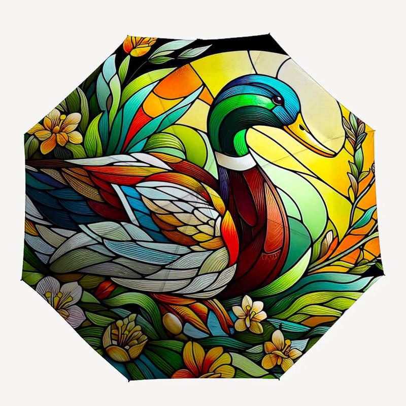 1pc Stained Glass Duck Design Automatic Opening Folding Umbrella with 8-Bone Iron Frame - Perfect for Outdoor Use, Festive Gifts, Travel, Daily Use, a
