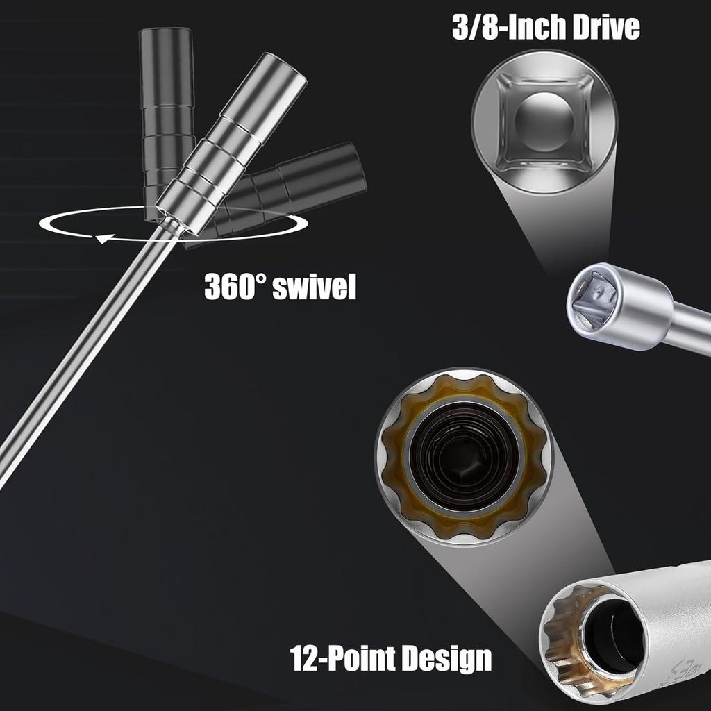 5/8" Swivel Magnetic Spark Plug Socket Set, 3/8 Inch Drive X 12 Inch Total Length Thin Wall Socket, 360 Degree Swivel, 12-Point Design, Professional