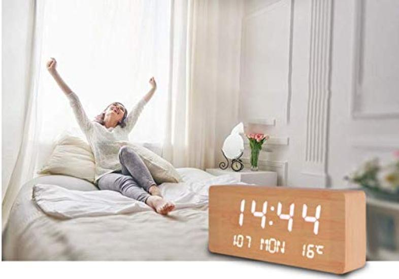 Digital Desk Clock with Calendar, Temperature Display, and Alarm Function - Simple Wood Grain Design, Multifunctional, USB Powered, Gift (Neo Black)
