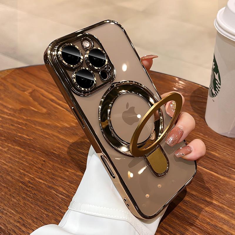 Transparent Plating For Magsefa Case For iPhone 16 15 14 13 12 11 Pro Max 14 15 16 Plus Wireless Charging Ring Stand Phone Cover