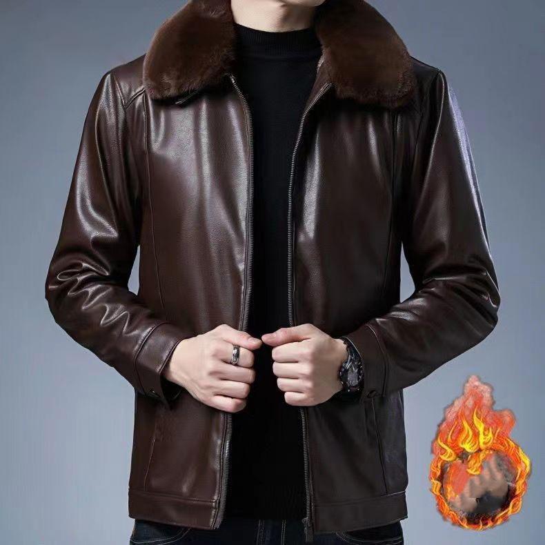 Men's Winter Warm PU Leather Jacket Loose Short Casual Zipper Jacket Thickened Warm Jacket