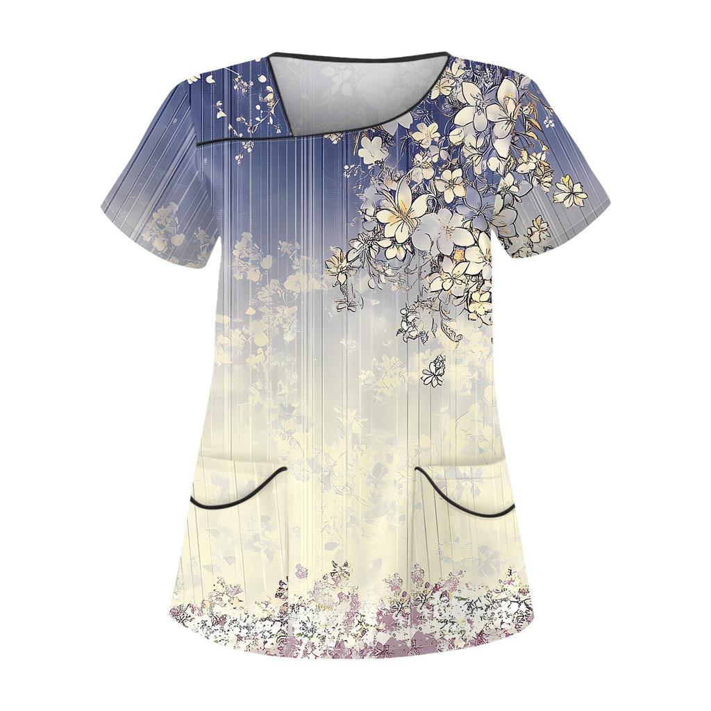 Damen-Arbeitsoberteil mit lässigem Print, kurzen Ärmeln, schrägem Kragen und Doppeltaschen