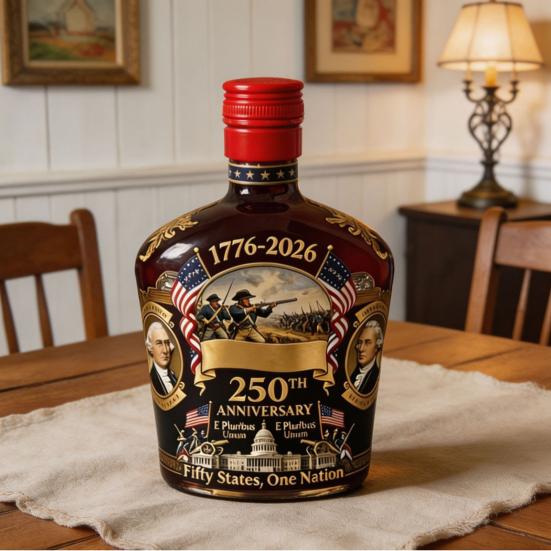 250th Anniversary Wine Bottle Commemorative Colored Glass Wine Decanter with Founding Fathers Historic Images 1776-2026 Patriotic Decor for Home Bar