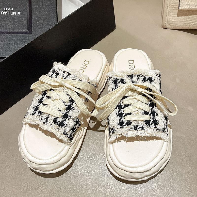 One-word Canvas Slippers Women's Summer Outer Wear 2025 New Thick-soled Versatile Super Fire-soluble Fashion Unsoled Sandals Women