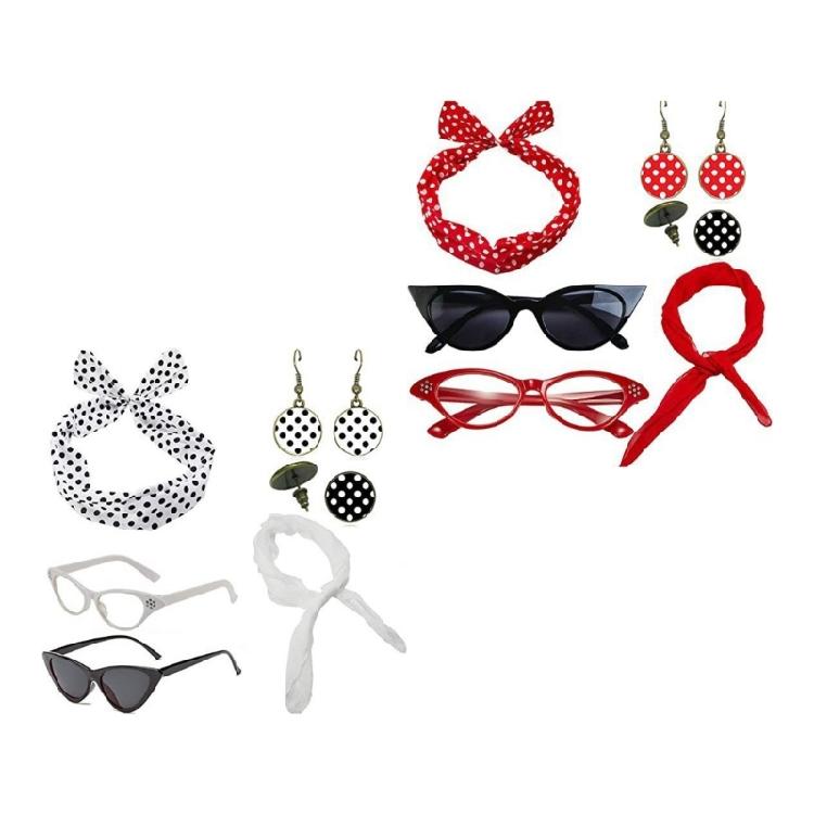 Woman Polkas Dot Earrings Scarf Headband Cats Eye Glasses 50's Costume Accessories Set for Party