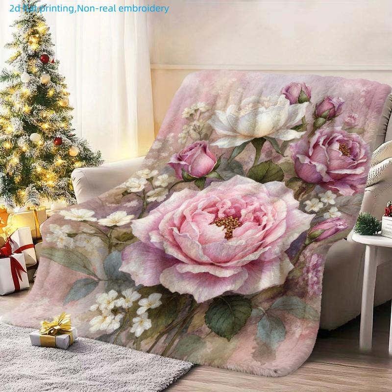 1pc Floral Print Blanket, Rose Flower Pattern, Multi-Size Available, Autumn Thanksgiving Christmas Nap Blanket, Suitable for Living Room, Bedroom, Stu