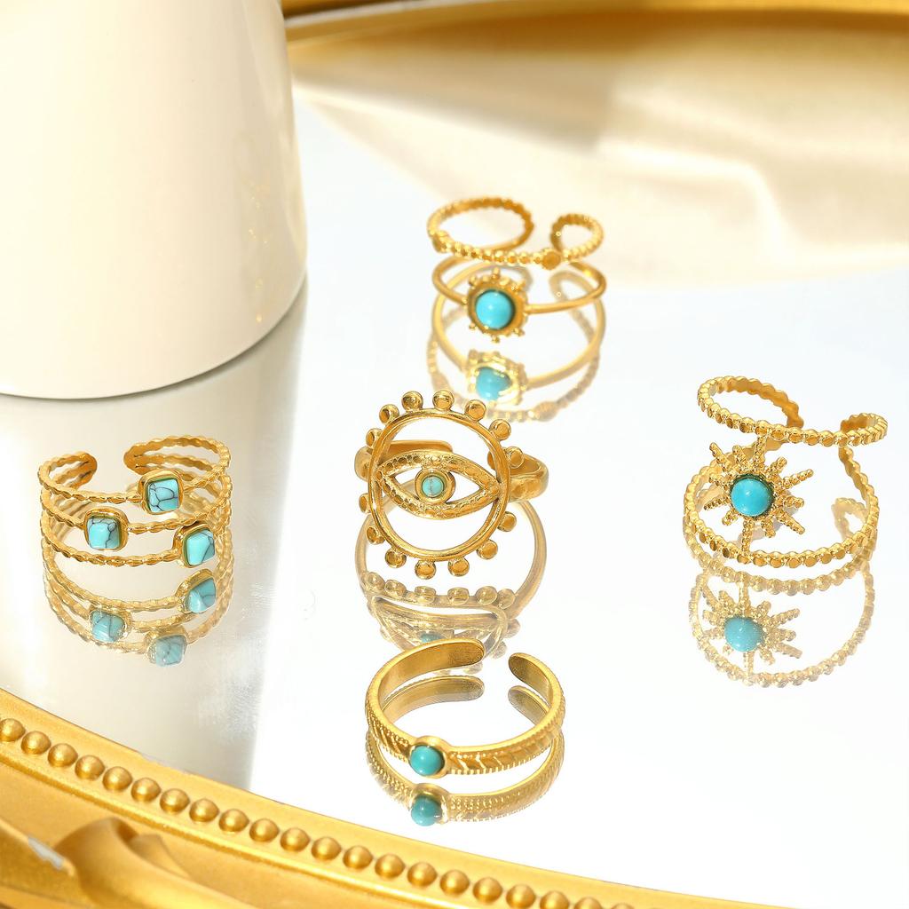 Stainless Steel Ring, Vacuum Plated 18K Gold Star Eye Turquoise Open Jewelry.