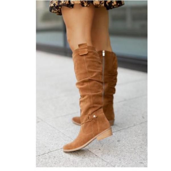 Dlouhé dámské kozačky Nízký podpatek Boční zip Velikost 43 Semišové Kozačky nad koleno Retro Dámské kotníkové boty Podzim Zima Kozačky po koleno