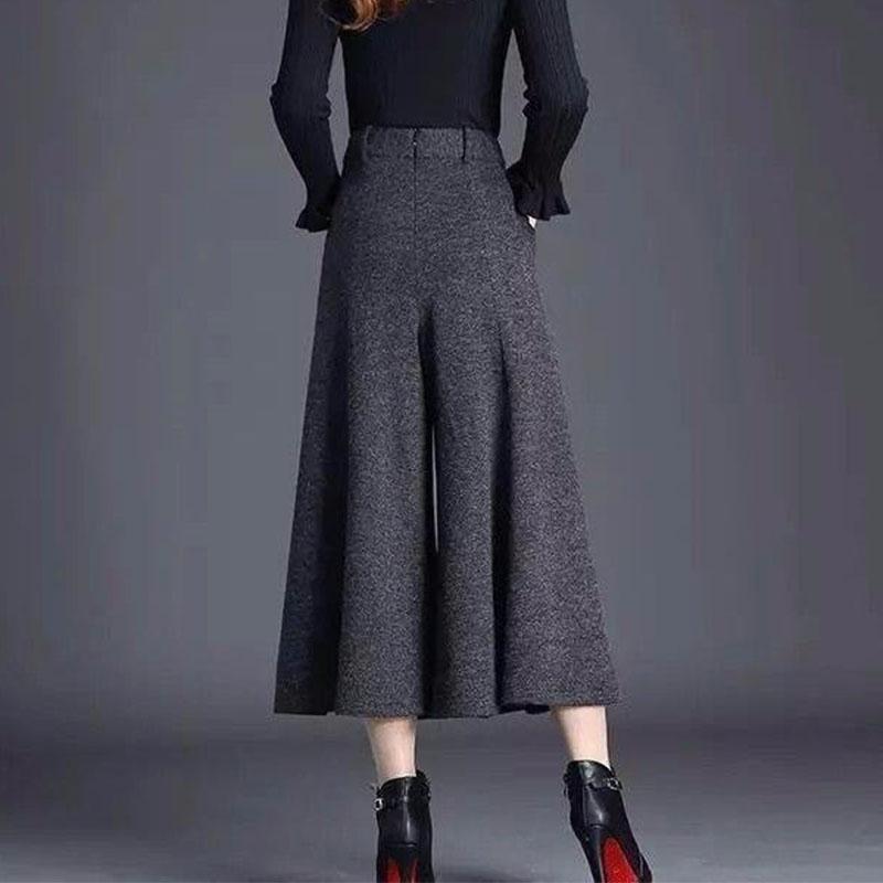 Spring Autumn Winter Women's Woolen Pants Solid Pocket Elastic High Waist Fashion Elegant Loose Wide Leg Ankle Length Trousers