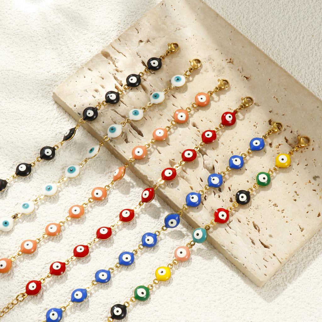 Evil Eye Double-sided Enamel Bracelets 304 Stainless Steel Handmade Link Chain Religious Retro Gift Jewelry 16.5cm(6 4/8") long