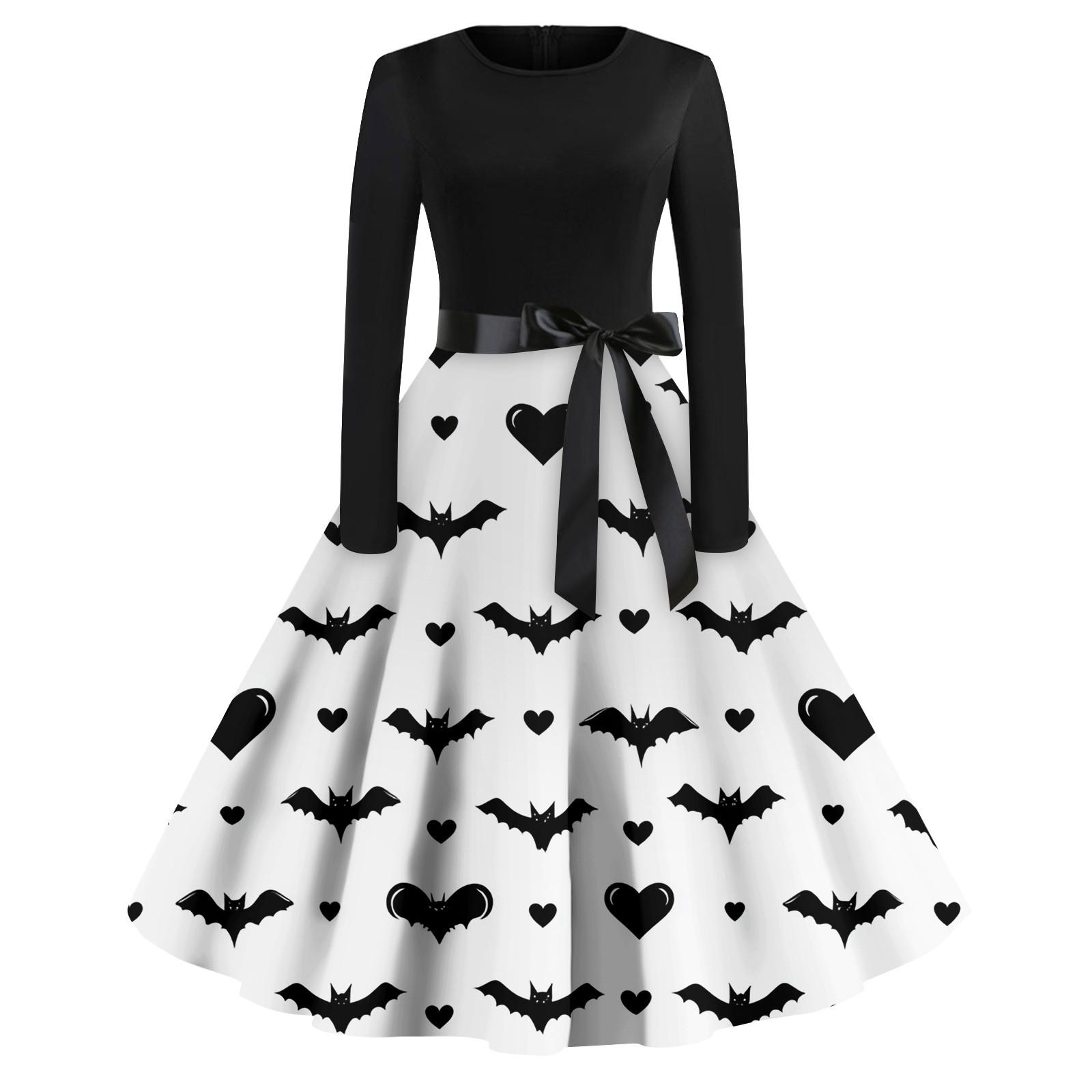 

Женские модные платья с круглым вырезом, повседневные, приталенные, с принтом на Хэллоуин, с длинным рукавом S белый