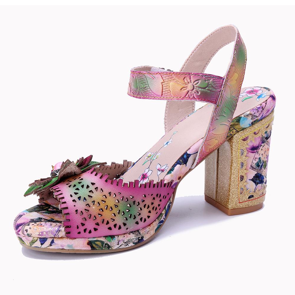 

Johnature Genuine Leather Retro Baroque Style Hollow-out Carved Flower High-heeled Sandals 36 разноцветный
