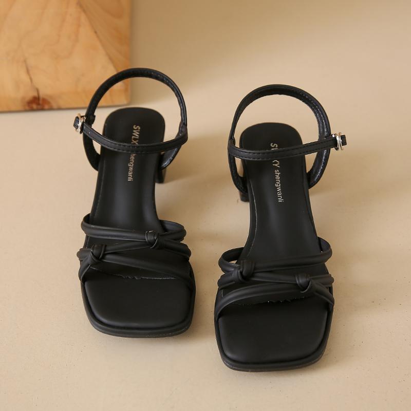 

Жіночі сандалі літнє взуття високі підбори розкішне дизайнерське взуття блочний каблук низькі та елегантні повсякденні середньої довжини сукні в наявності чорні 34 чорний