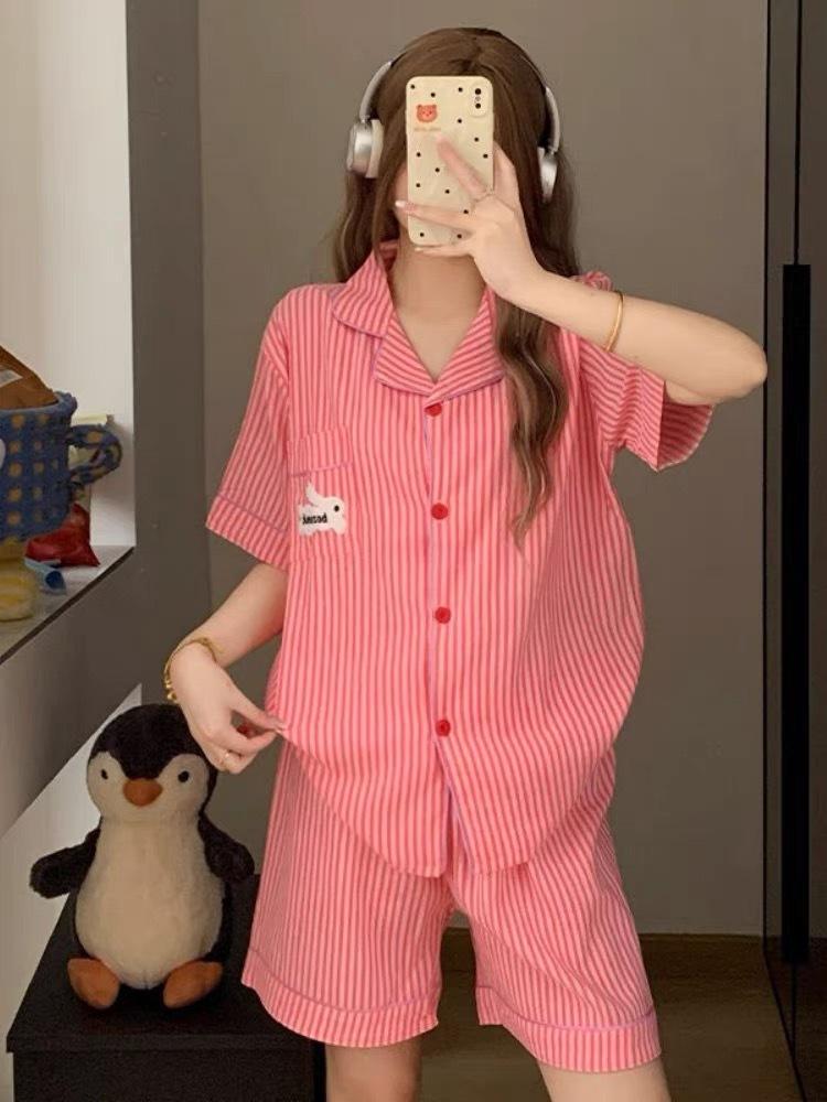 

Korean version of simple style red striped pocket bunny pajamas women s short-sleeved shorts cardigan two-piece girl loungewear S