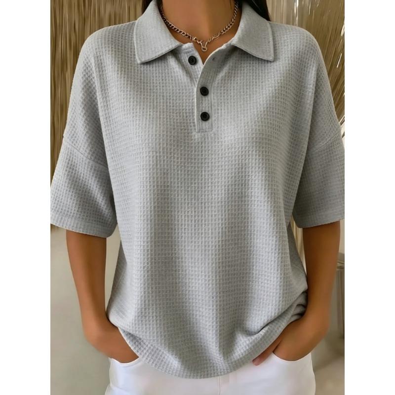 TIFICY Women's Fashion Casual Summer Spring Solid Color Print Short Sleeve POLO Neck Blouses & Shirts