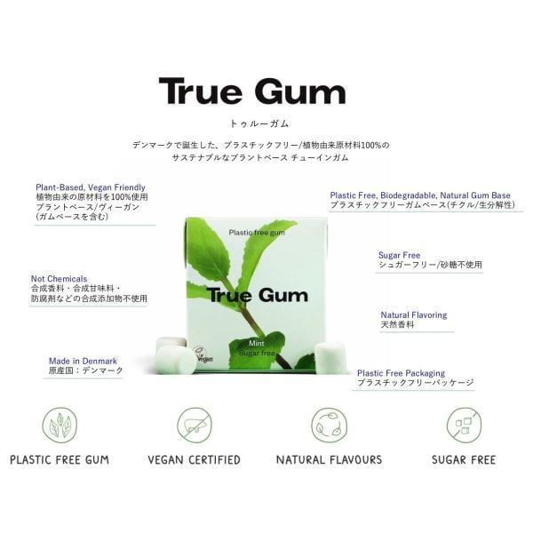 True Gum TRG021MT Mint 21gEigenschaften - Plastikfrei (Kaugummibasis und Verpackung) - Die Kaugummibasis besteht aus natürlichen Inhaltsstoffen. Eigenschaften - Plastikfrei (Kaugummibasis und Verpackung) - G