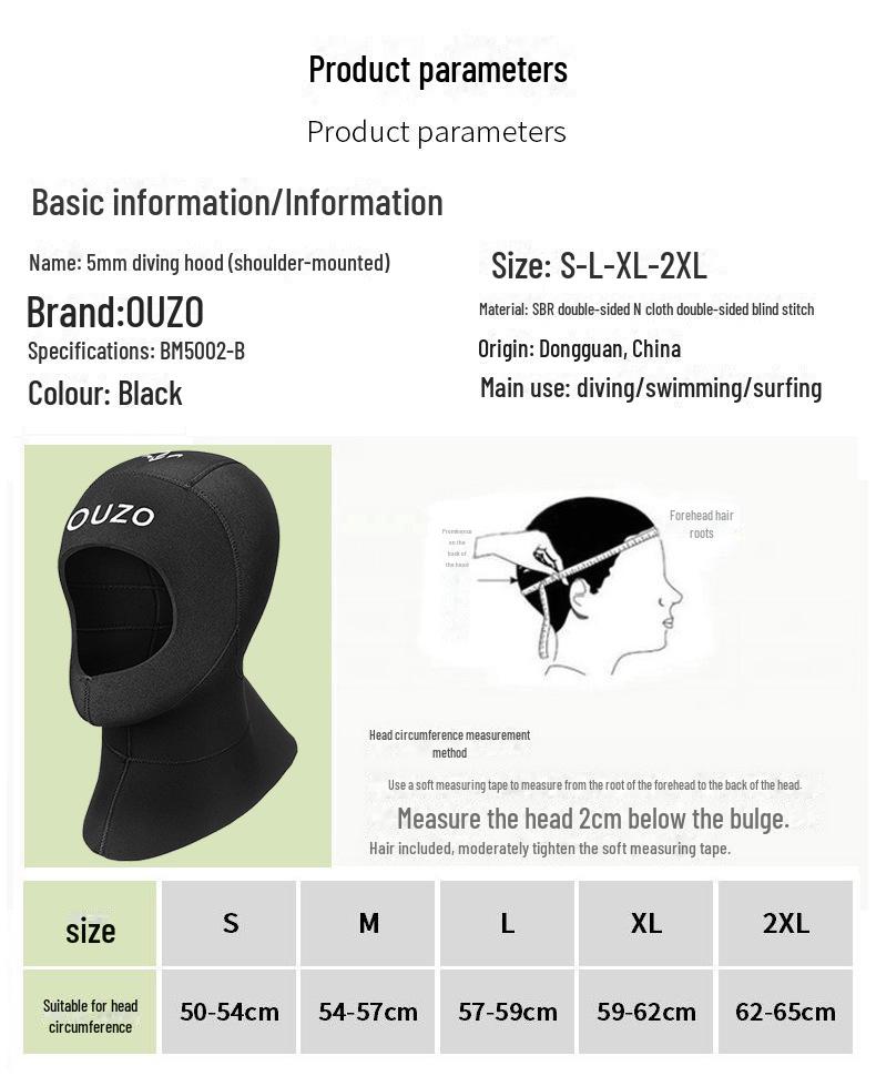 

OUZO 5 мм Изолированный дайвинг-капюшон для защиты от холода при снорклинге и серфинге XL (Head circumference 59-62cm)