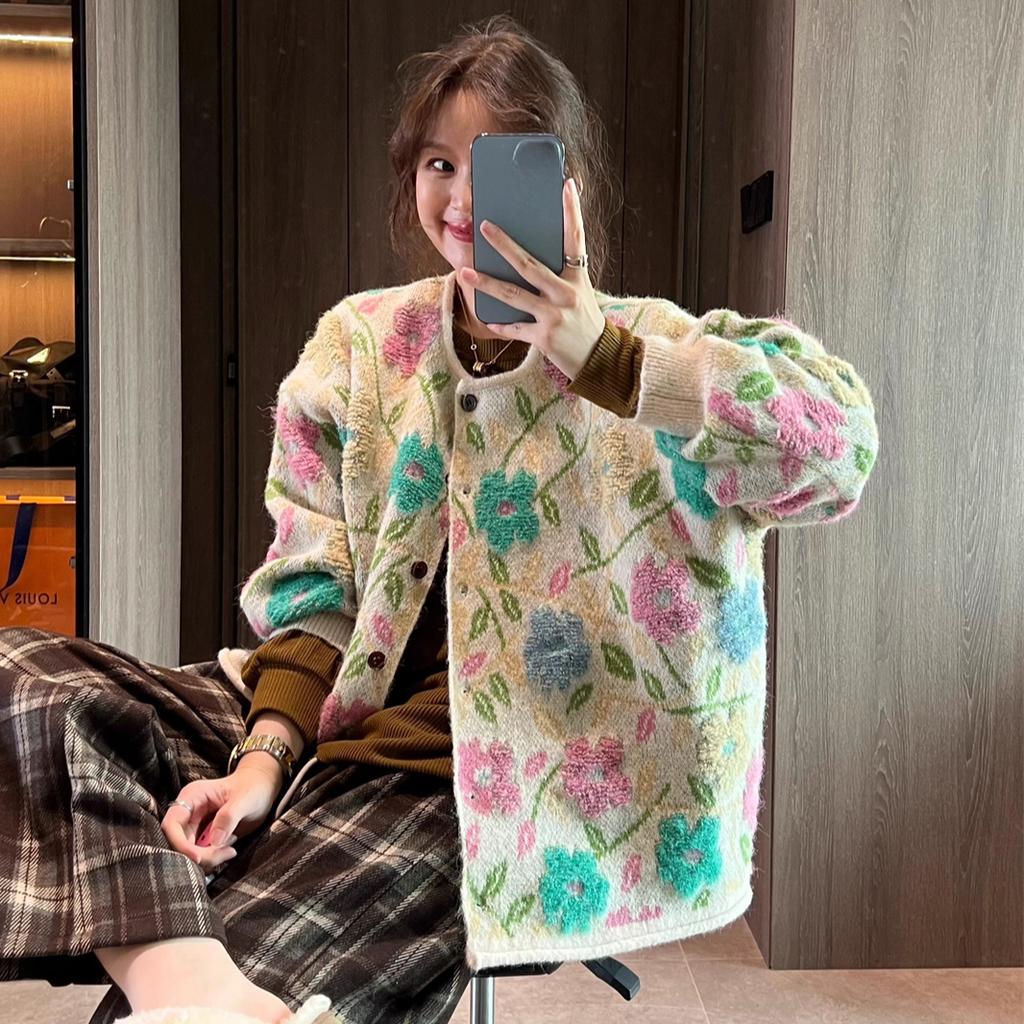 Dimanaf 2025 Květinové svetry Kardigan Podzim Ženy Potisk O-výstřih Svetry Pletení Volný Růžový svetr