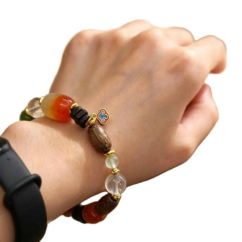 Exquisite Agarwood White Crystal & Imitation Beeswax Carved Bracelet