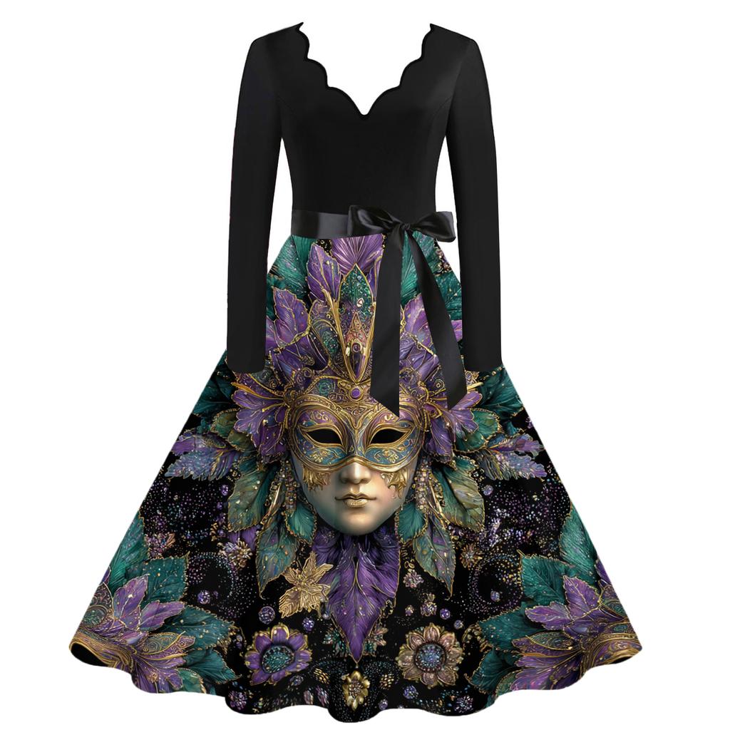 Women's Casual Fashion V Neck Carnival Printed Vintage Dress