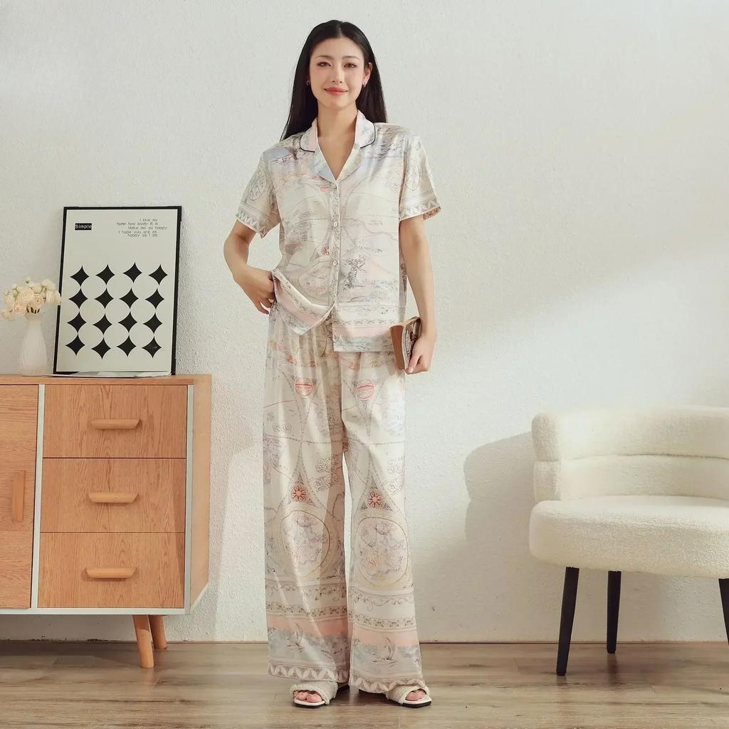 Neue französische Damen-Nachtwäsche Eis-Seide bedrucktes Mittelarm-Set mit hochwertigem Gefühl, Ins-Stil Revers Hausanzug Set Pyjama