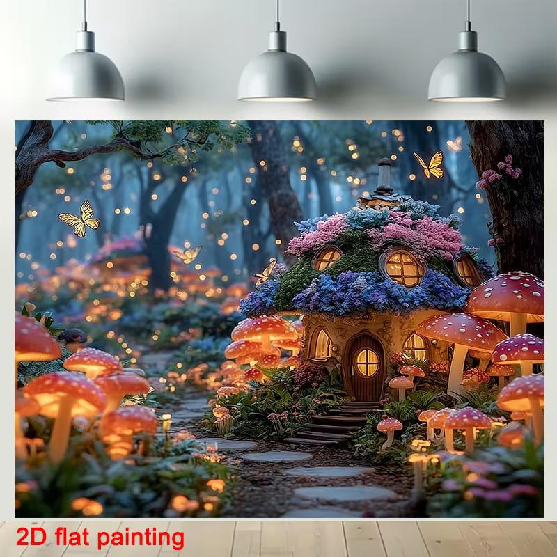 2D Dreamy Enchanted Forest Backdrop, Magical Mushroom House & Butterflies Art