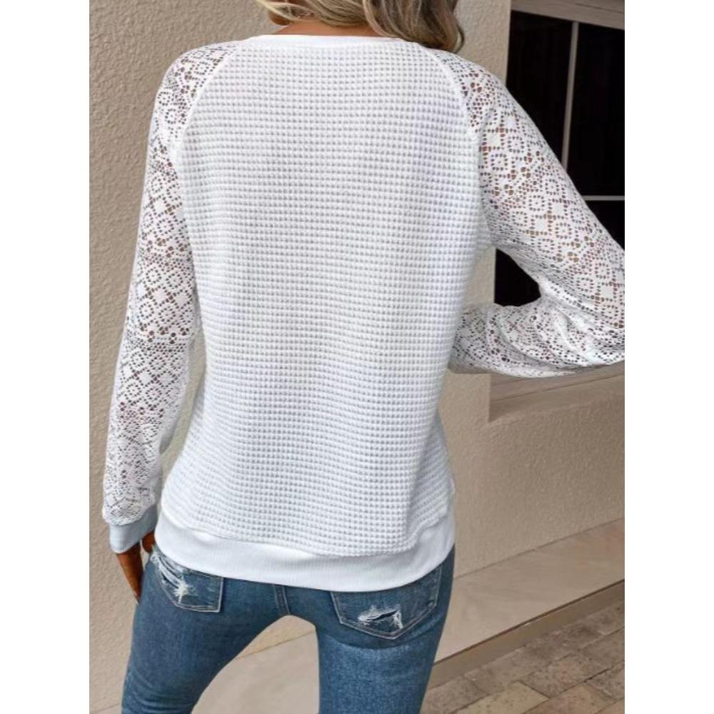 Women Solid Color Lace Long Sleeve Hollow Out Crew Neck Casual T-shirt Blouse Tops