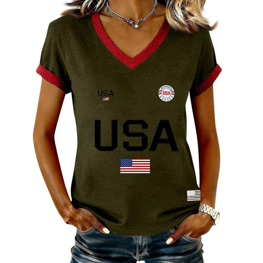 Damen Lässiger V-Ausschnitt Kurzarm Pullover Bedrucktes T-Shirt Top