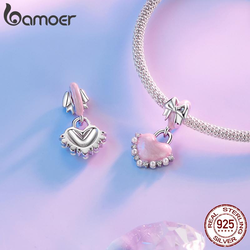 AMOER Solid 925 Srebro Sterling Różowe Serce Charm Koralik pasuje Oryginalna Bransoletka i Naszyjniki Biżuteria Bamoer Infinity Love Charm