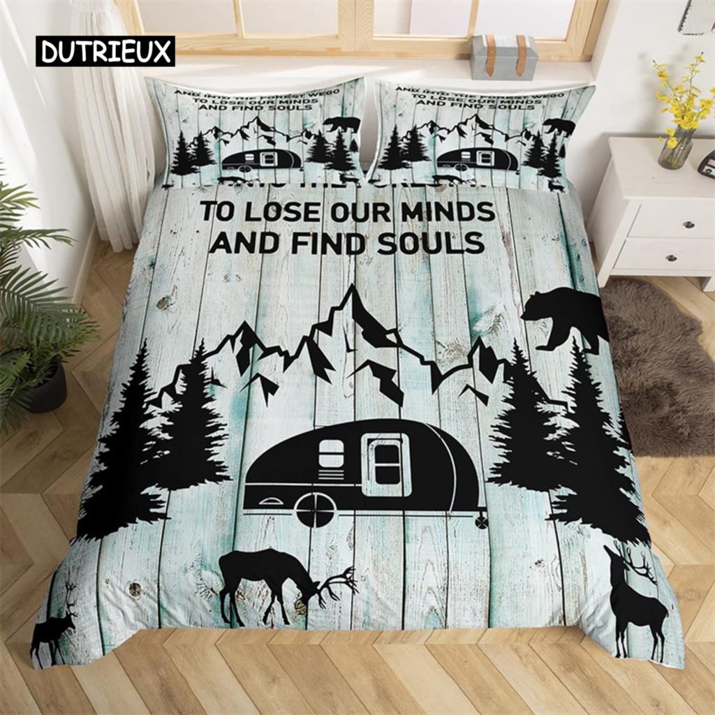 Microfiber Galaxy Stars Camping Duvet Cover Happy Camper Truck Mountain Trees Bedding Set for Outdoor Lovers EU single(135x200cm)