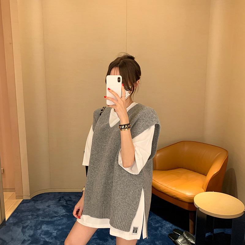 Autumn and Winter Loose Knitted Sweater Vest Women Thick Sleeveless Casual Pullover Sweater Vests Office Lady Elegant Solid Knitwear Waistcoat 25333