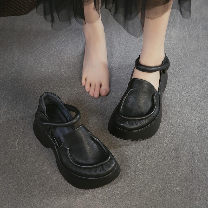 Johnature Sandales en Cuir Véritable à Semelles Épaisses Bout Rond Rétro Talon Épais Chaussures Plateformes pour Femmes