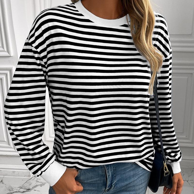 Navy Striped T-shirt Loose Long Sleeved Sweatshirt Striped Round Neck T-shirt Top