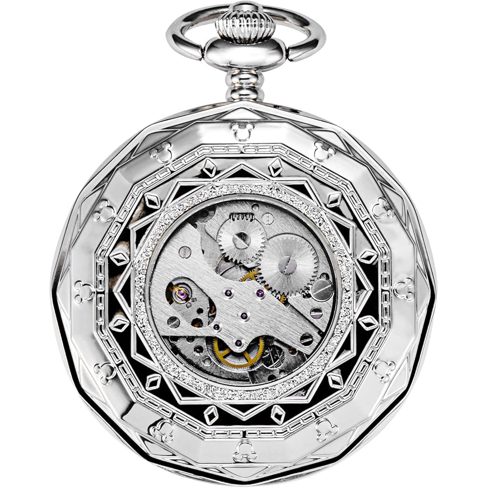 Treeweto Mechanical Pocket Watch Silver Roman Numerals Open Face 24-Hour Day Night Display with Chain and Gift Box