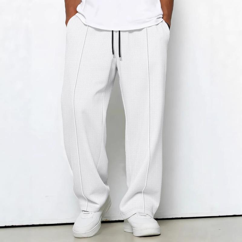 Mens Gray Waffle Knit Drawstring Waist Wide Leg Casual Pants