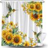 Rustic Sunflower Shower Curtain Watercolor Hummingbird Retro Yellow Flower Green Leaf Country Farmhouse Spring Floral Plant Nature Botanical Bath