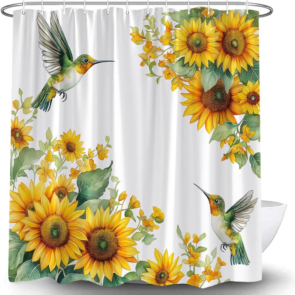 Rustic Sunflower Shower Curtain Watercolor Hummingbird Retro Yellow Flower Green Leaf Country Farmhouse Spring Floral Plant Nature Botanical Bath