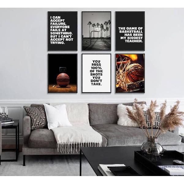 6pcs Basketball Wall Art Unframed Pirational Sport Canvas Black White Basketball Motivational Quotes Poster Prints Teen Boys Kids Painting Wall Decor