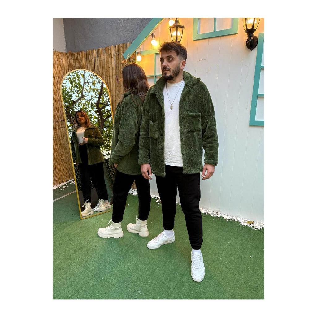 2-piece Men's Plush Jacket With Pockets - Gray Black Winter Shirt Collar