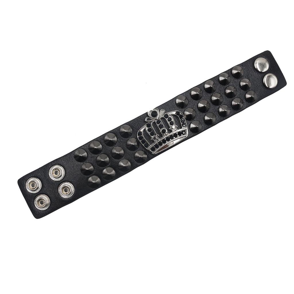European & American Punk Leather Bracelet with Exaggerated Rivets & Crown Design