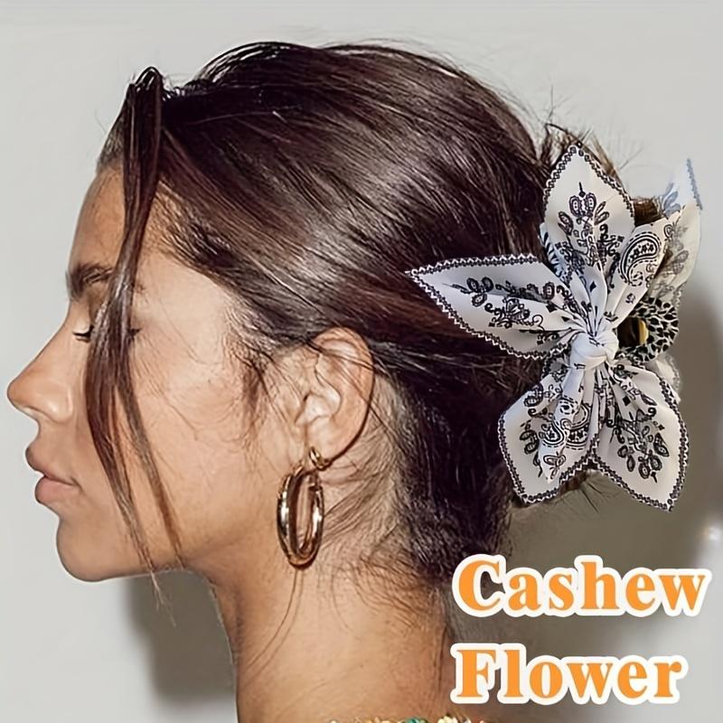 Elegant Retro Double - Sided Cashew Flower Love Bow Hair Clip Temperament Print Fabric  High-End Hair Accessories For Women
